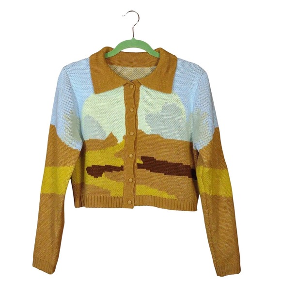 Sweaters - Retro Knit Cropped Cardigan Sweater Womens Desert Landscape Medium Eclectic Art